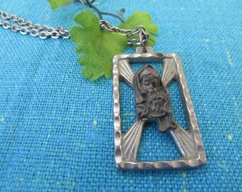 Vintage Silver Tone Steel Mother and Child Blessed Necklace 23" Chain, Made in Italy; 1 3/4" pendant, Mary and Jesus, Madonna and son