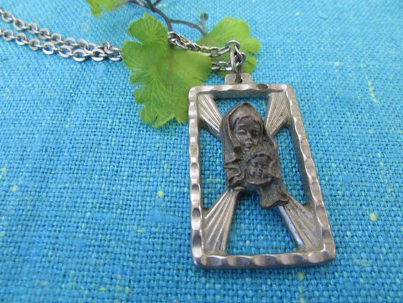 Vintage Silver Tone Steel Mother and Child Blesse… - image 1