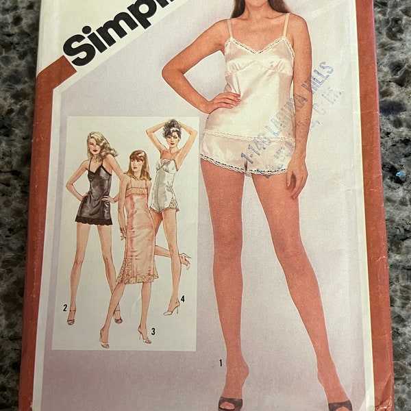 1980 Simplicity Sewing Pattern 9859 Misses Long or Short Slips, tap Pants, & Teddie Teddy Size 12 Uncut- babydoll pajamas, long slip, teddy