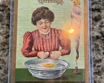 Antique Halloween Fortune Teller Postcard- Halloween postcard, fortune telling with eggs, antique postcard