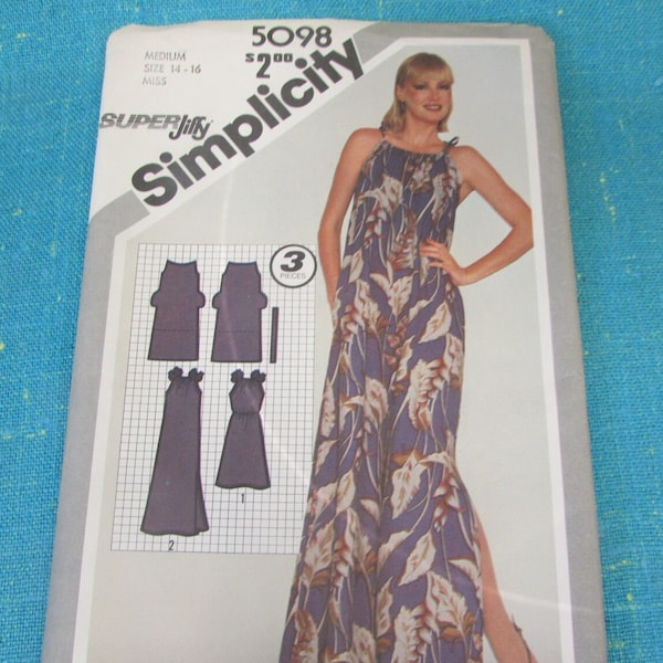 1981 Simplicity Sewing Pattern 5098 Misses 3 Pieces Pullover, Sleeveless Dress in 2 Lengths, Size 14-16, UNcut; 1980s summer dress