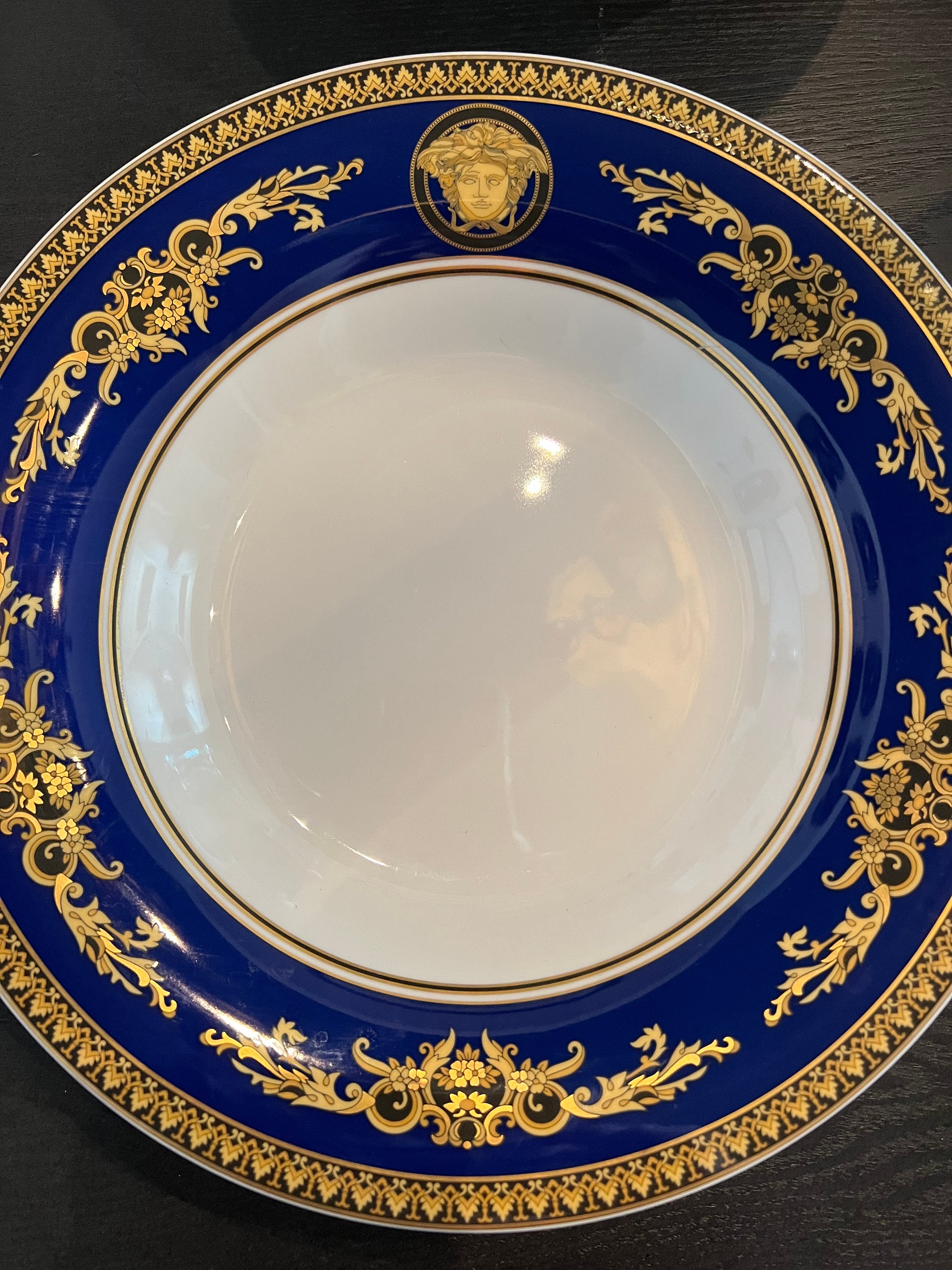 Versace Medusa Blue & Gold Large Pasta Bowl Serving Bowl 12” X 2