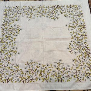 Vintage hibiscusbloem crèmekleurig katoenen vierkant tafelkleed 48 x 52"-tafelkleed, vierkant tafelkleed met bloemen, tafelkleed jaren 1950