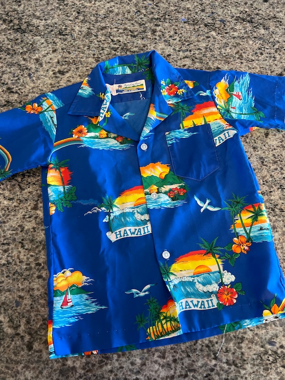 Vintage Boys Hawaiian Print Blue Polyester Shirt S