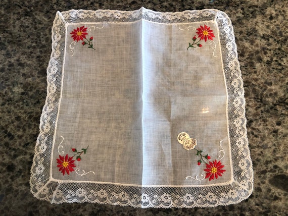 poinsettia Vintage DESCO Red Embroidered Poinsettia Holiday Christmas Handkererchief 11 Square Holiday hanky Christmas handkerchief
