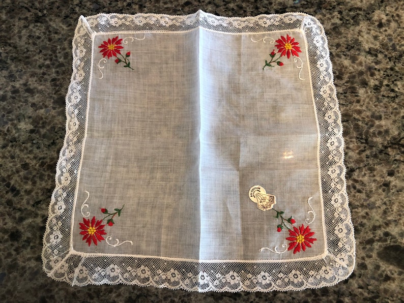 poinsettia Vintage DESCO Red Embroidered Poinsettia Holiday Christmas Handkererchief 11 Square Holiday hanky Christmas handkerchief