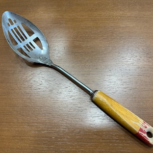 Vintage ANDROCK Chrome Plated Slotted Spoon with Wood Handle, Made in United States of America, 11 1/2”-Androck slotted spoon