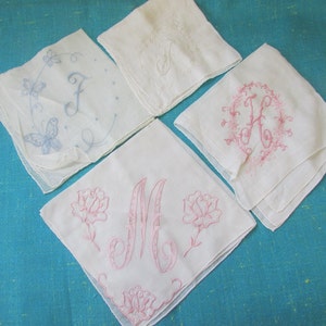 U PICK - Vintage Cotton Embroidered Monogrammed Handkerchief Hanky, 12&quot;; &quot;F&quot; hanky, &quot;H&quot; hanky, &quot;M&quot; hanky