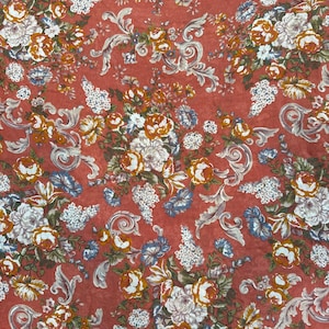 Vintage Dusty Rose/Red Background Floral Semi Sheer Rayon Fabric 60&quot; W x BTY by Tandler Textile Inc ~ Summery Floral fabric, gauze Rayon