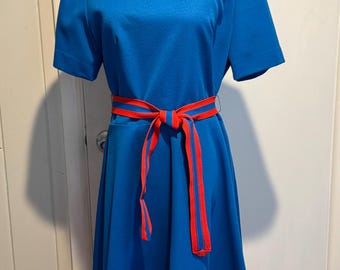 Bright Blue Polyester Dress with Red Trim Short Sleeve Vintage 1970’s Size  16- patriotic dress, retro blue dress, Fourth of July dress