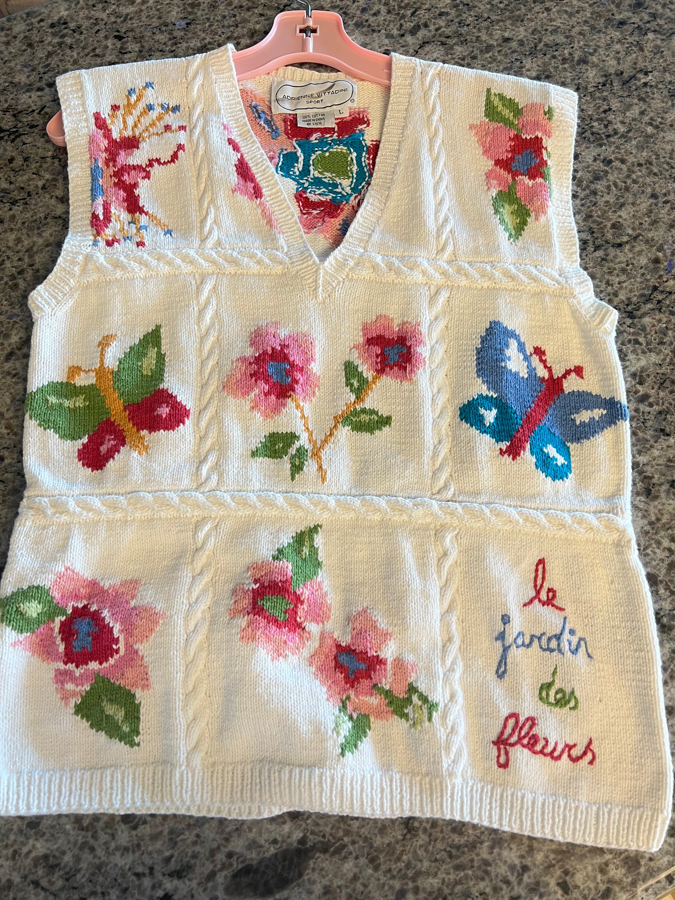 Vintage Adrienne Vittadini Cotton Sweater Vest le Jardin Des Fleurs Pink  Flowers and Butterflies Size L Vintage Cotton Sweater Vest 