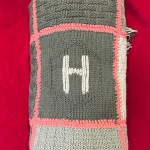 Vintage Crochet Blanket Throw with "H" Initial in Corner Sage Green & Coral Sampler Patterns 52" X 74" -, "H" monogram throw