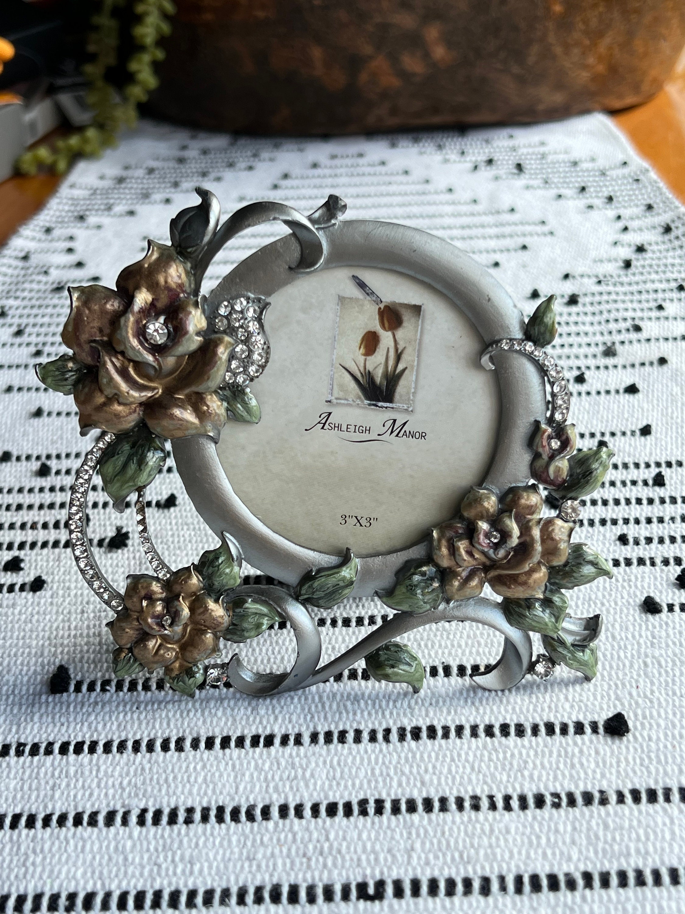 Ashleigh Manor Jeweled Floral Metal Photo Picture Frame 3” X 3 