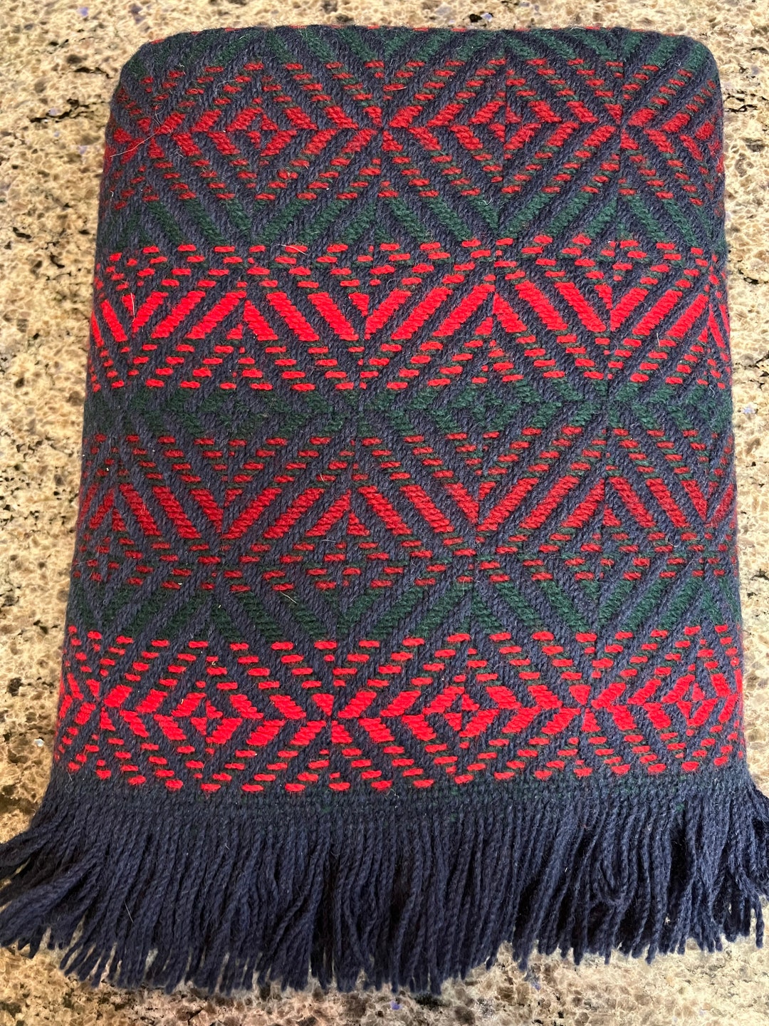 Vintage Pendleton Wool Knit Throw Blanket With Fringe Hem in Navy Blue