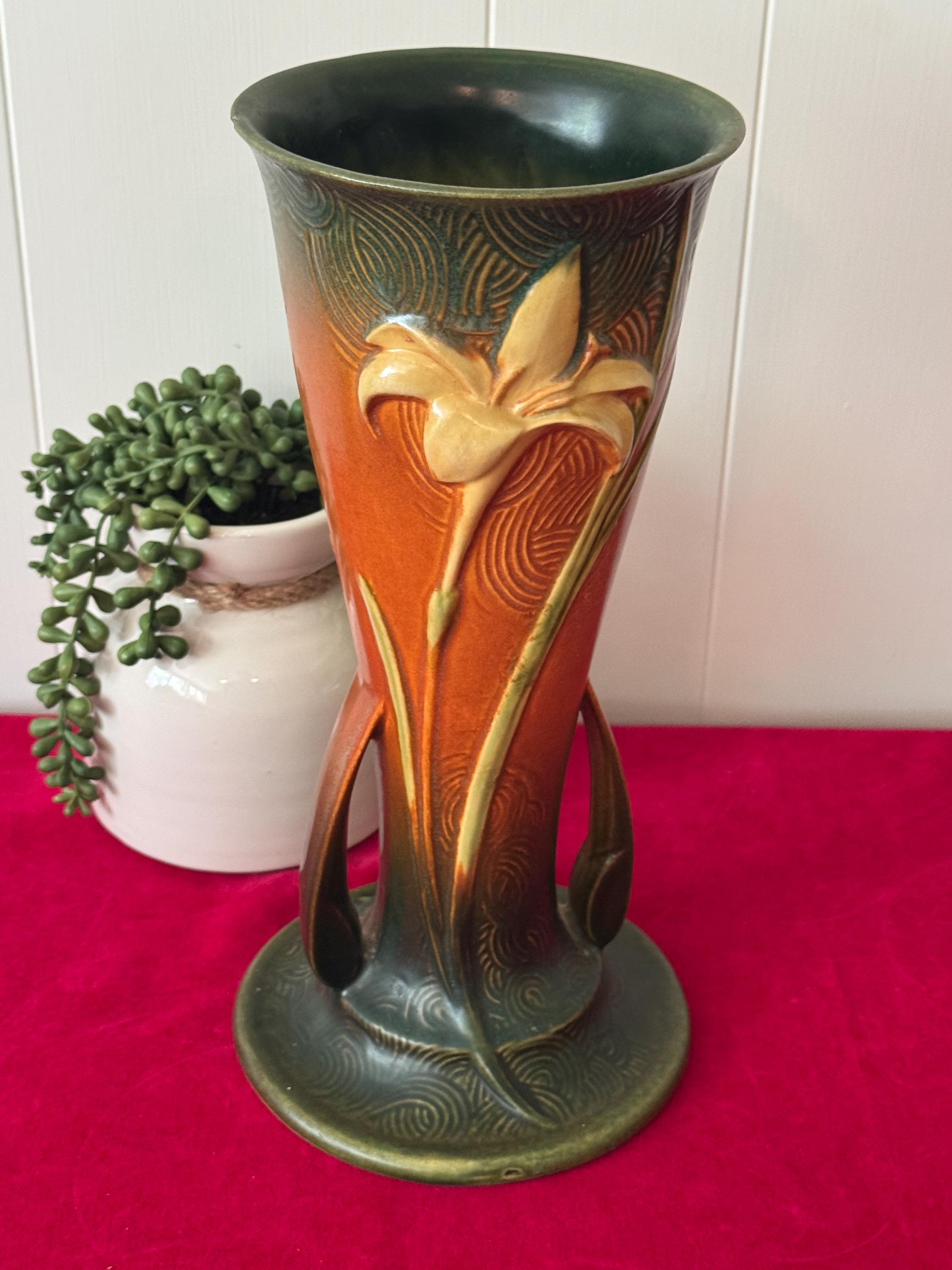 1940's Roseville Brown Two Handled Tall Vase Zephyr Lily 139-12 12