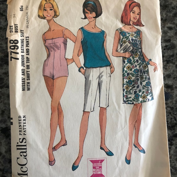 1965 McCalls Sewing Pattern 7798 Misses Pin Up One Piece Swimsuit, Shift Dress, Bermuda Shorts & Top Size 14 cut- 1950's one piece swimsuit