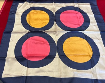 Vintage Navy Blue, Pink & Yellow Square Scarf with Circle design, 28", silk - head scarf, silk scarf, circle pattern scarf