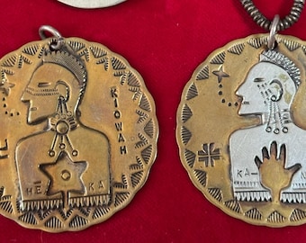 Vintage Native Kiowa & Pawnee Indian Stamped Brass Disc Warrior