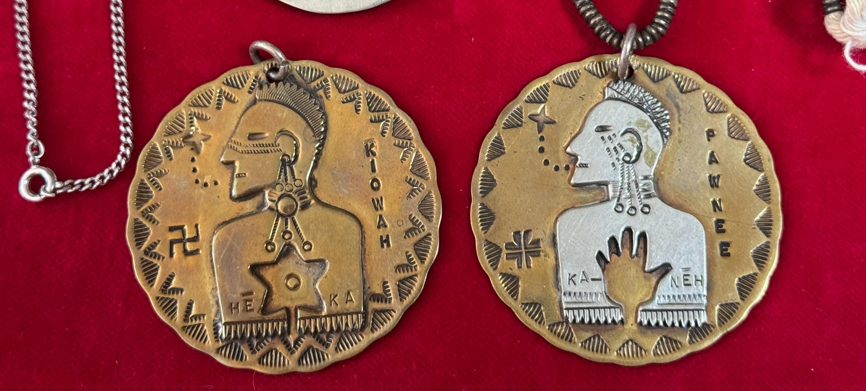 Vintage Native Kiowa & Pawnee Indian Stamped Brass Disc Warrior