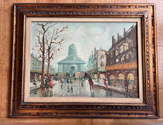 ヴィンテージ　フランス　油絵 MCM Large FERRI Signed Impressionist Paris Street Scene Oil