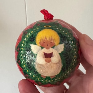 Vintage Paper Mache 1977 Barry Patch Reflections Angle Christmas Ornament with Red Heart Edges 3" wide