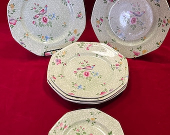 Antique Wessex Whilden Ware Green Octagonal Peacocks Plates- 5 Luncheon Plates 9”, One Salad Plate 8”, 2 Bread plates 7”-peacock plates