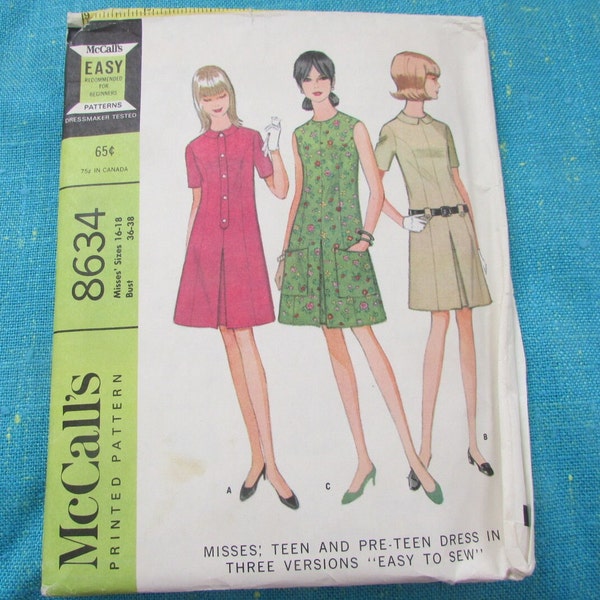 Rare 1966 McCalls Sewing Pattern 8634 Misses EASY TO SEW Dress in 3 Versions, Size 16-18, cut; 1960s mini dress, spring or summer dress