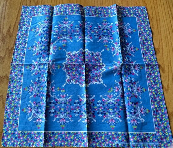 Blue Floral Print Cotton Bandana Bandanna Scarf 2… - image 1