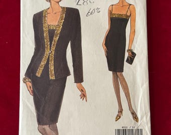 Suknia wieczorowa Vogue 8512 Misses Slip z lat 90. z dopasowaną marynarką, rozmiar 12-16, krój ~ Suknia wieczorowa Vogue z lat 90., dla matki panny młodej