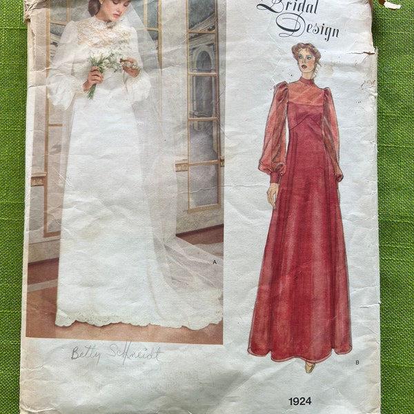 1980's Vogue Sewing Pattern 1924 Misses Modest Long Sleeve High Neck Formal Wedding Dress or Evening Dress Size 12 cut - Vogue wedding dress