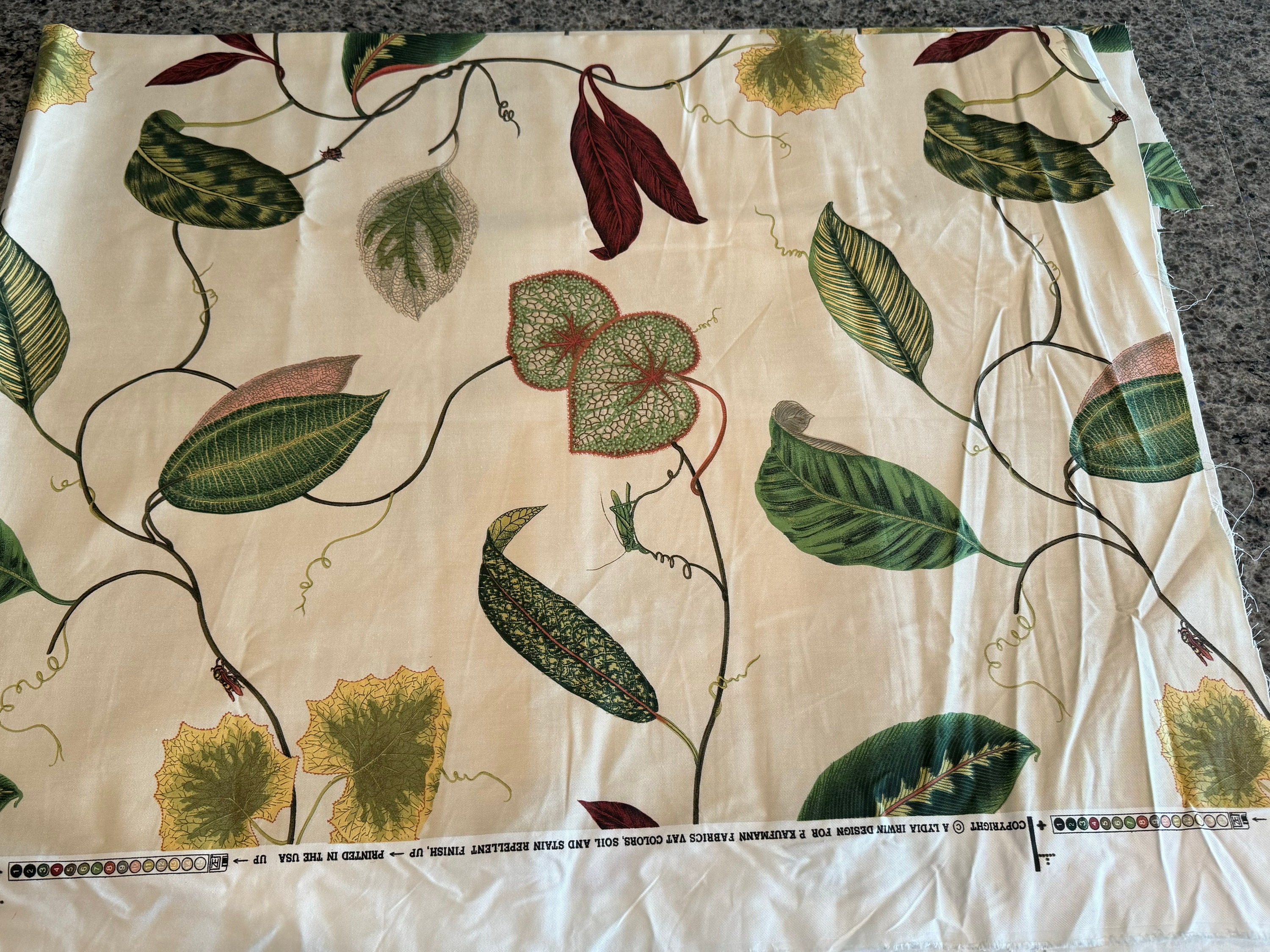 Large botanical leaves upholstery fabric by Lydia Irwin for P Kaufmann fabrics Cut Pieces 58” W Price Each w/soil and stain repellent finish
