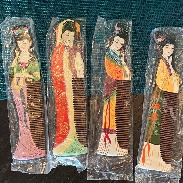 Vintage NOS Chinese Geisha Hand Painted Wood Women's Hair Comb Gong Shu Ming Bi 6" Price Each U CHOOSE~ Geisha shaped wood comb, vanity comb