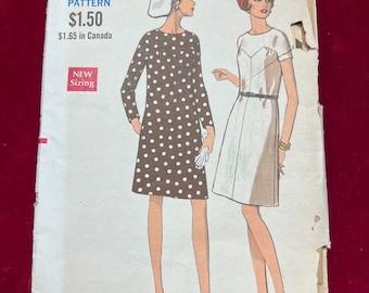 RARE 1960s Vogue Schnittmuster 7395 Misses MOD Aline Kleid Kurz oder Langarm Größe 16 Schnitt - 1960s MOD Kleid