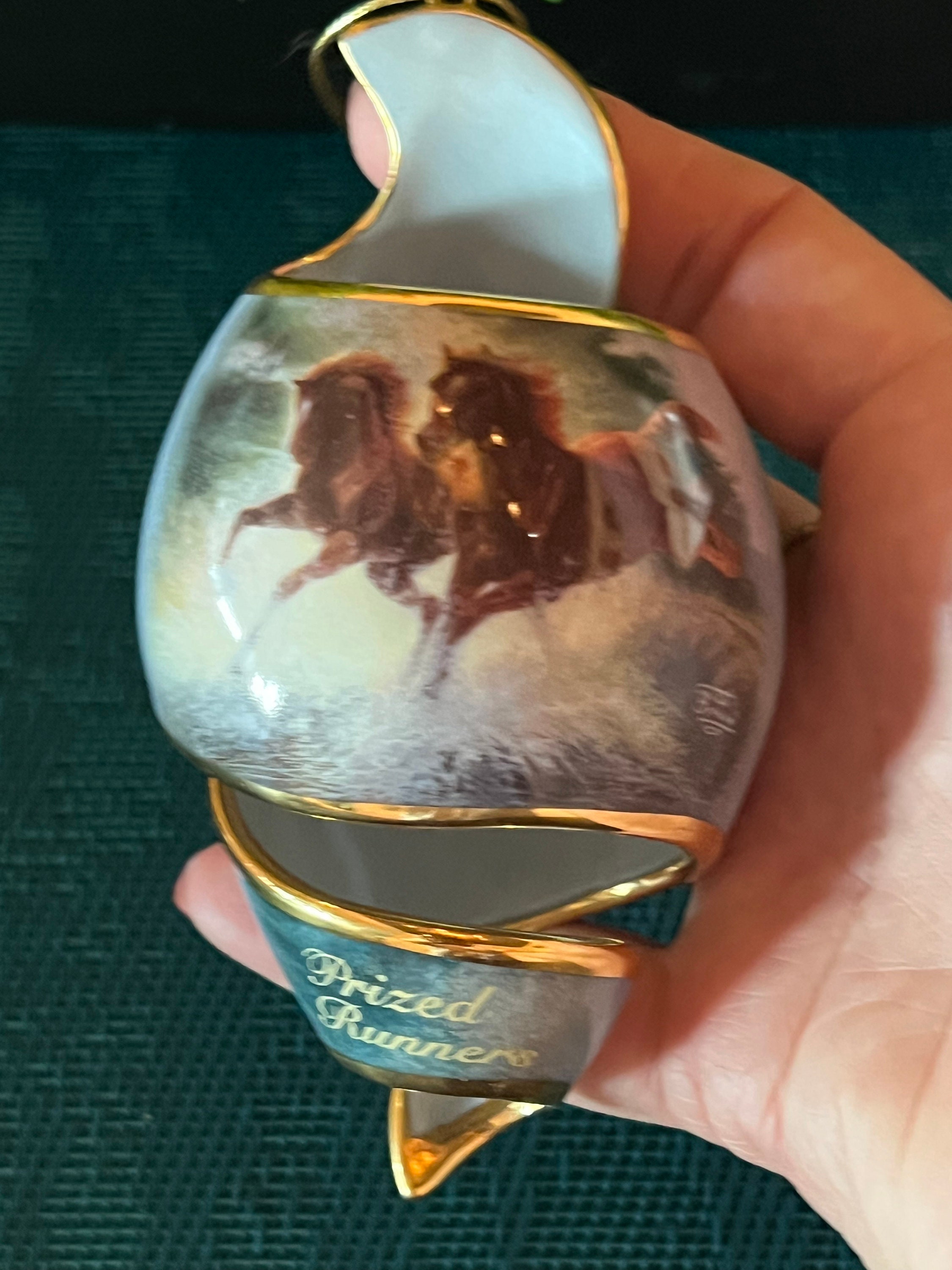 Vintage Bradley Exchange PRIZED RUNNERS Wild Horses Porcelain Swirl Ornament Designed by Chuck DeHaan 5" tall~ horse ornament, western horse