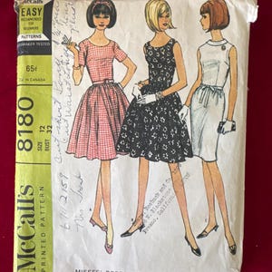 1966 McCalls Sewing Pattern 8180 Misses Dress with Slim or Full Skirt Size 12 cut - 1960s dress sleeveless or short sleeves