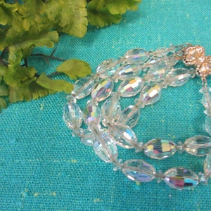 Vintage 3 Strand Aurora Borealis Faceted Bead Bracelet w/ Butterfly Clasp Bracelet, 7 5/8&quot;- butterfly bracelet, crystal bracelet