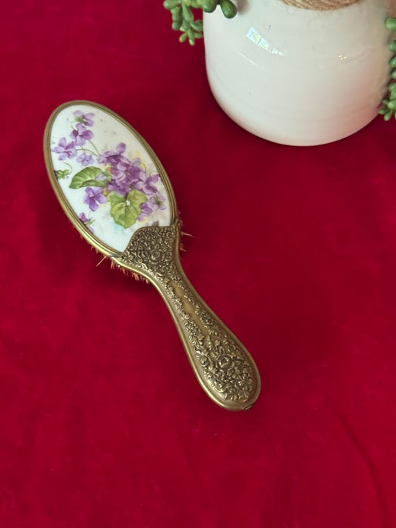 Vintage ladies porcelain and brass hair brush Antique Vintage Hair Brush Brass Cabbage Pink Roses Flowers  main image 4