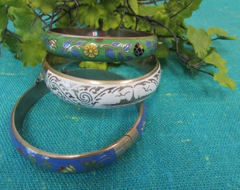 3 Vintage Chinese or Japanese Blue, White and  Green Cloisonné Bangle Bracelets, 7 1/2"- cloisonné bracelets, enamel bangels