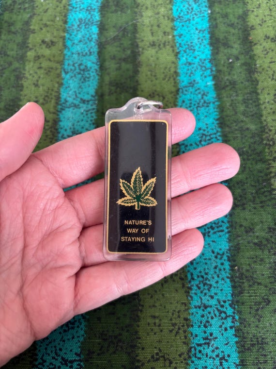 Natures Way of Saying Hi, Rectangular Marijuana Leaf Keychain