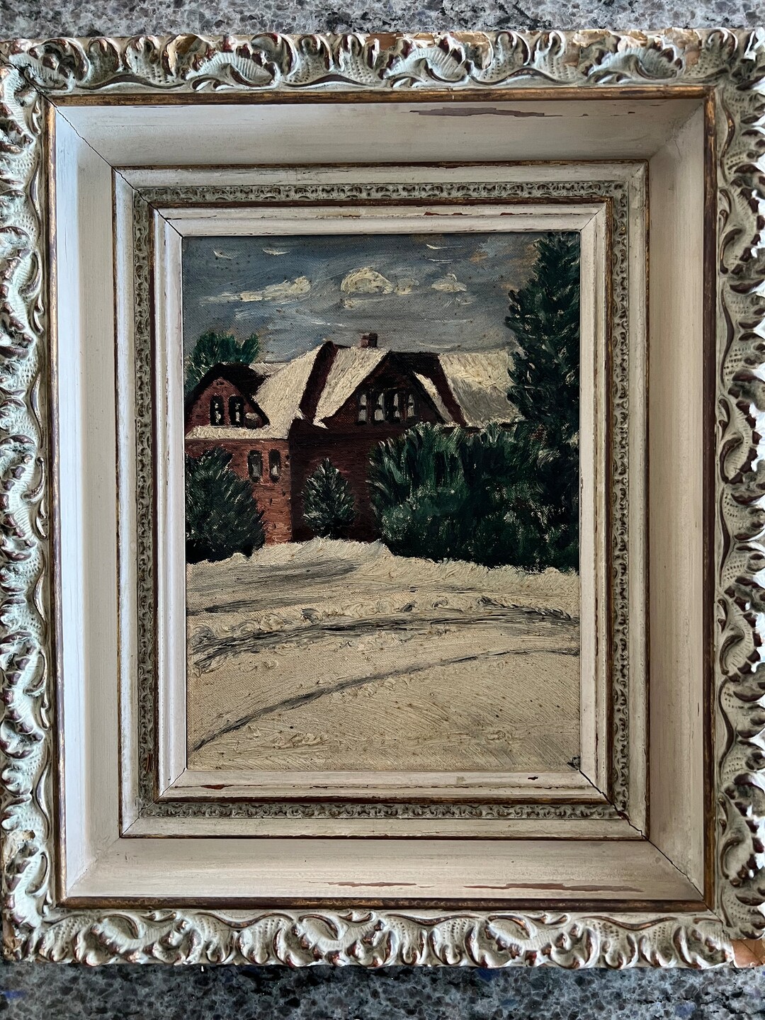 Winter Snow Scene Oil Painting Original Framed 15” W X 18”- Winter Oil ...