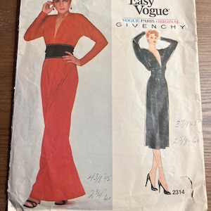 RARE 1980s Vogue Sewing Pattern 2314 Paris Original GIVENCHY Misses Deep V Front Evening Dress Short or Long Size 12 Cut - designer pattern