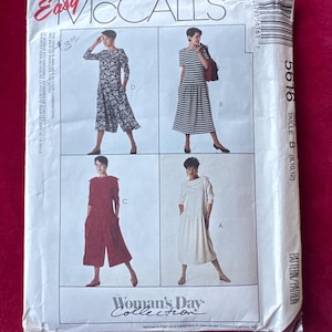 1991 McCall&#39;s naaipatroon 5616 Misses verlaagde taille pulloverjurken of culottejurk, maat 8-12, ongesneden jurk met zakken