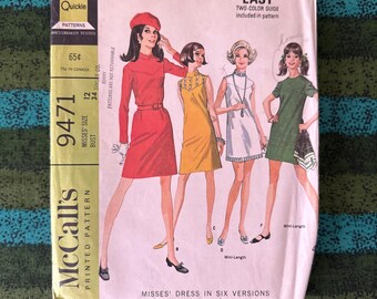 1968 McCalls 9471 Mini Shift Dress Sleeveless Summer Shift Dress 6 Versions Size 12 cut- 1960s  mini dress