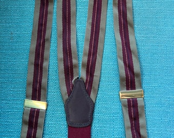 Khaki and Olive Green Striped Woven Suspenders Braces Y Back with Leather Button Loops- striped suspenders