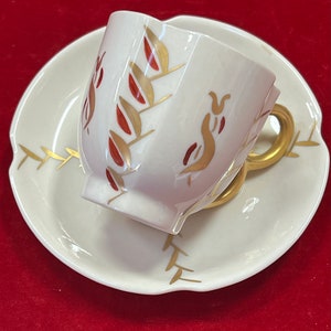 Antique RARE Rose Crown China Co Pasadena CA Demitasse Tea Cup and Saucer , Vintage Gold Red~ California pottery company, Pasadena china