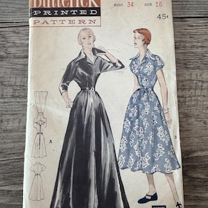 1950&#39;s Butterick Sewing Pattern 5375 Misses Long or Mid Length Tailored Hostess Dress wrap Front Size 16 UNCUT- 50s full skirt  dress