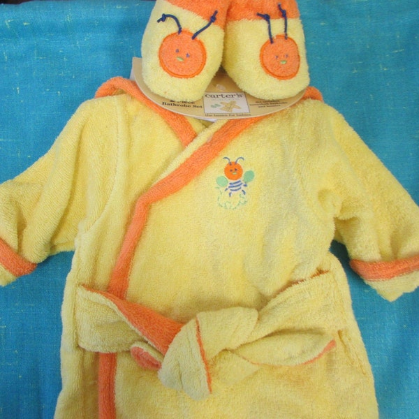 Vintage NWT CARTERS Unisex Boy or Girl ADORABLE Yellow and Orange Terry Cloth Bee Design Bath Robe and Slippers, 9 Months, baby robe