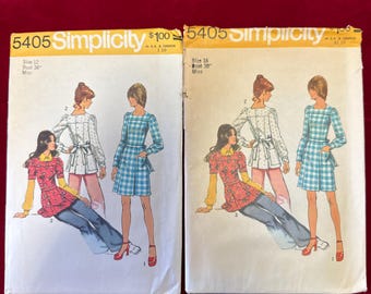 U CHOOSE- 1972 Simplicity Sewing Pattern 5405 Misses Mini Dress or Tunic Top, Size 12 or 16 Uncut - back button tunic, long sleeve dress