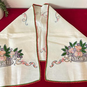Vintage Embroidered Basket with Flowers Flaxseed Linen Table Runner 17” w x 48" L- table runner, embroidered runner