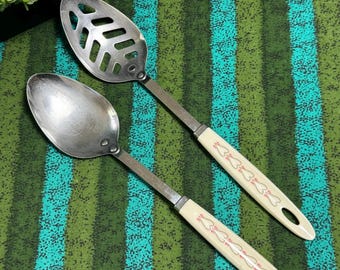 Vintage Stainless Steel Slotted Spoon Brown Floral Plastic Handle